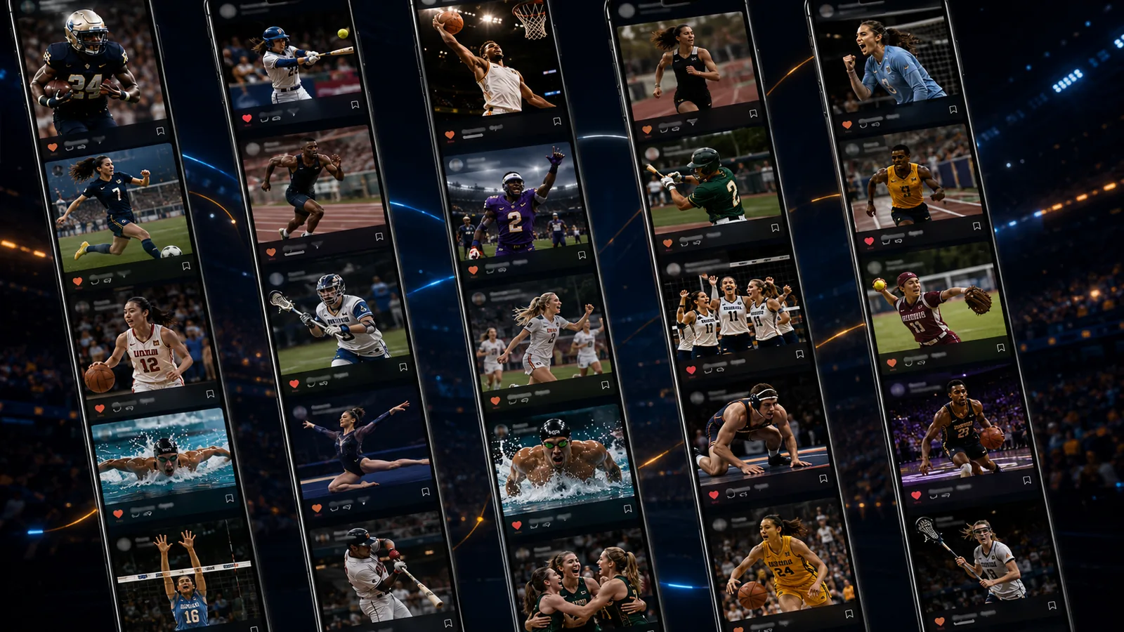 MascotGO athlete app screens showing profiles and team feeds
